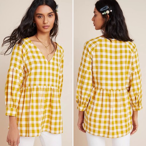 Maeve April Babydoll Gingham Bluse Größe M Senfgelb Gold Neu mit Etikett