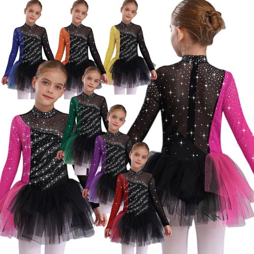Kids Girls Dresses Dance Dancewear Sparkling Leotard Competition Skirt Ballet - Picture 5 of 79