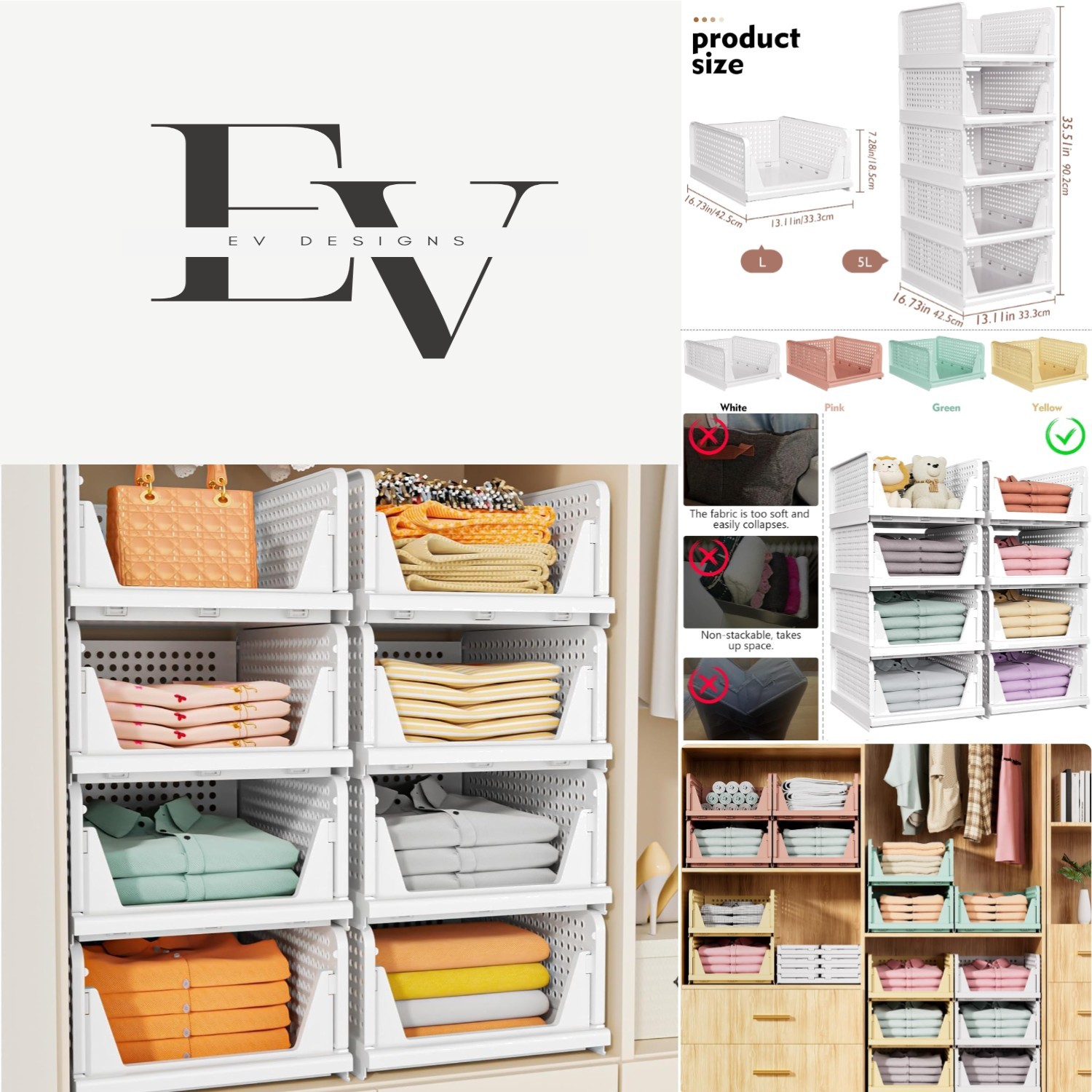 Versatile Stackable Plastic Baskets - 5 Pack for Closet & Kitchen Organizer