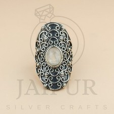 925 Solid Sterling Silver Long Ring Natural Rainbow Moonstone US Size 7 JSR37