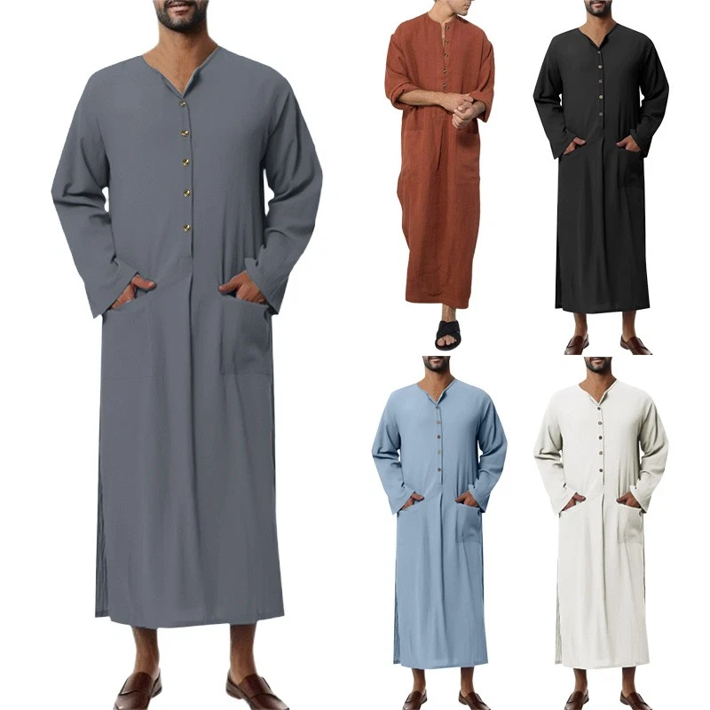 Abito Uomo Arabo Musulmano A Righe Retrò - Caftano Thobe Lungo Con Tasche, Per Matrimoni E Occasioni Speciali - 2