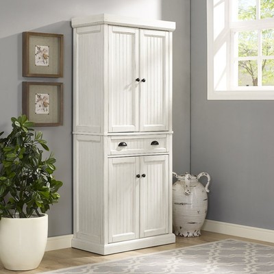 Distressed White Finish Four Door Storage Pantry Kitchen Cabinet