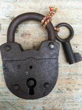 Ancient Primitive Hand Forged Rustic Very Old Iron Padlock With Key Working