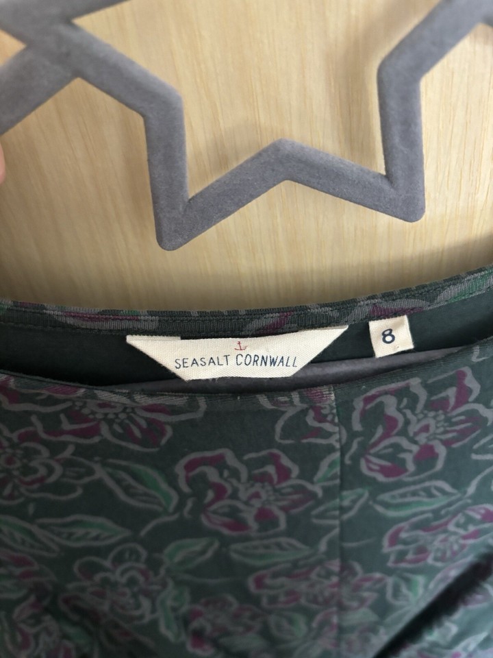 Seasalt Cornwall St Margarets Dress Green Floral Ruched Front Size UK 8