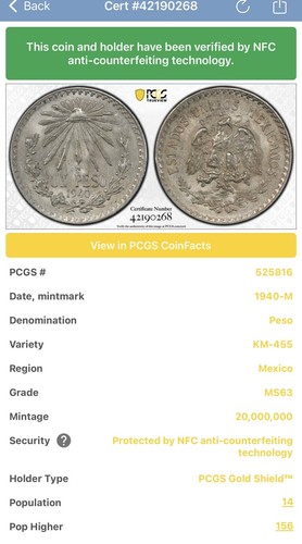 1940 Mexico MS 63 Peso Cap & Rays PCGS SECURE Gold SHIELD MS63 Beautiful COIN - Picture 5 of 9