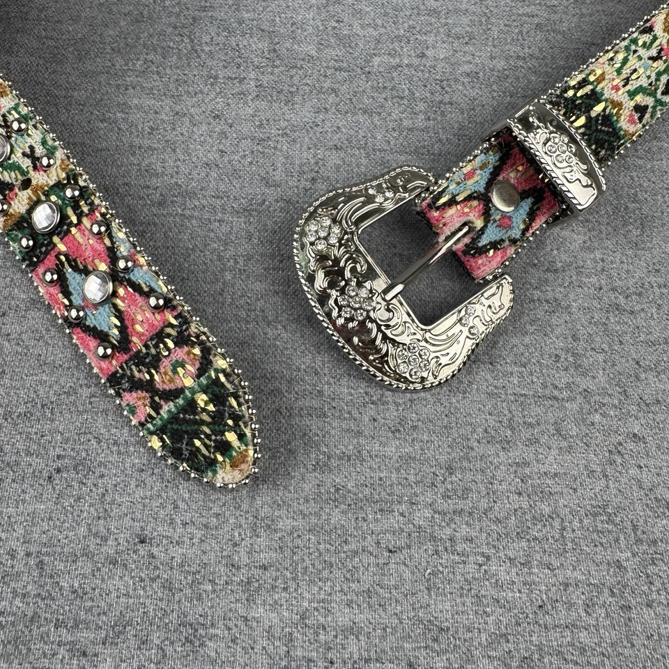 Cinturón Western Niñas Grande 33" Rosa Estrás Tono Plata Hebilla Rodeo Sin Marca Foto 3 de 4