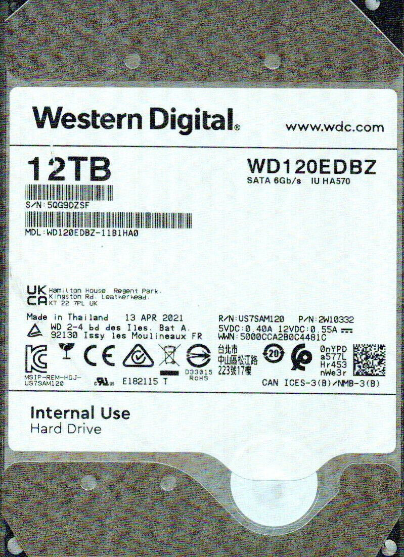 WD120EDBZ-11B1HA0, 2W10332 WESTERN DIGITAL SATA 12TB 5QG WD120EDBZ-11B1HA0, 2W10332 WESTERN DIGITAL SATA 12TB 5QG