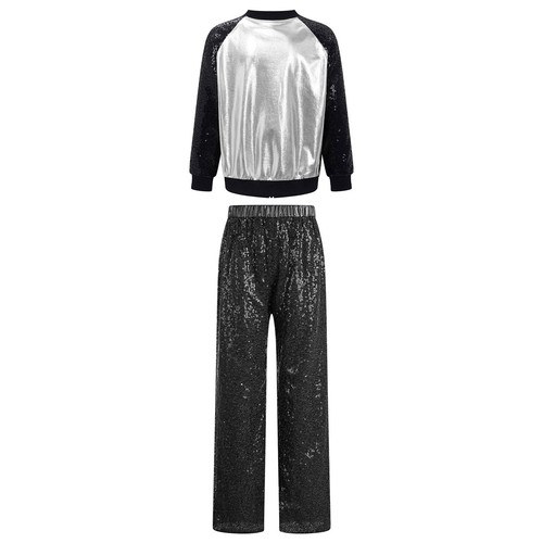Kids Girls Dancewear High Waist Outfit Sequin Tracksuits 2pcs Pants Long Sleeve - Picture 82 of 133
