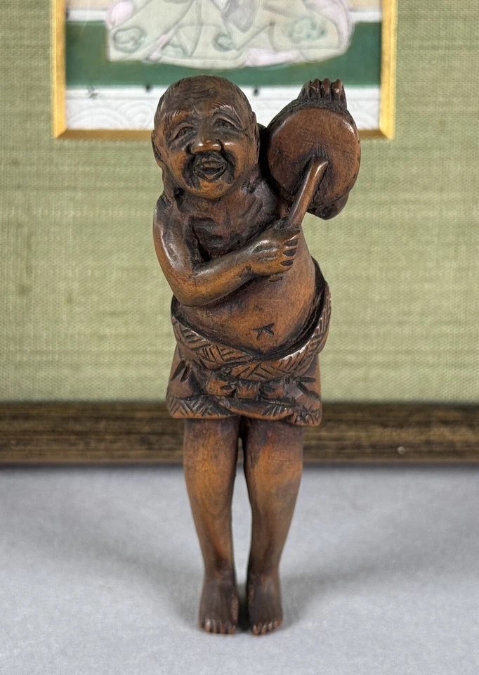 Antigo Buxo Japonês Netsuke Alto Baterista Homem Ashinaga Sagemono 18º C. Edo - Imagem 2 de 4