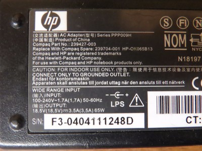 imen lot of 2 HP Compaq 65W 18.5V AC Adapter Yellow Tip P/N 239427-003