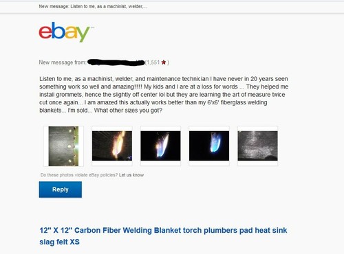 12" X 12" Carbon Fiber Welding Blanket torch plumbers pad heat sink slag felt XS - Picture 5 of 7