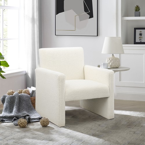 Upholstered Sherpa Accent Chair Dining Comfy Accent Side Chair Living Room White - Picture 8 of 15