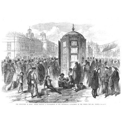 SPANISCHE Revolution; Menschen lesen eine Proklamation in Madrid - antiker Druck 1868