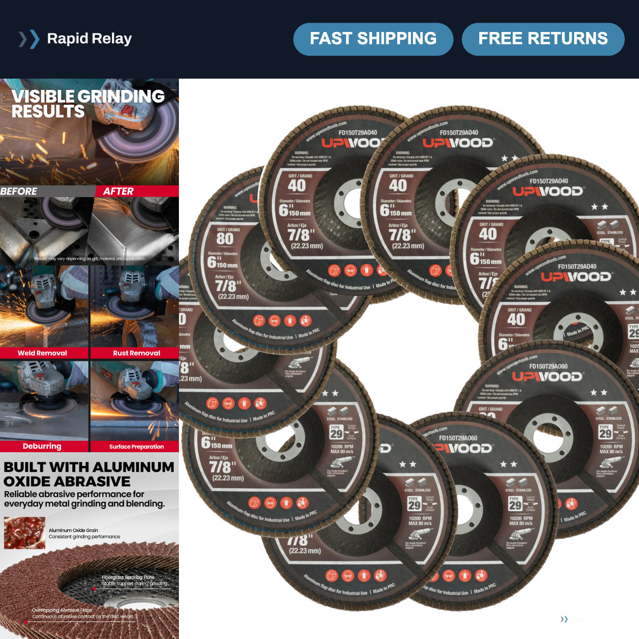 6" Aluminum Oxide Flap Discs Mixed Grit 4x40 3x60 3x80 for Angle Grinder - 10 Pa