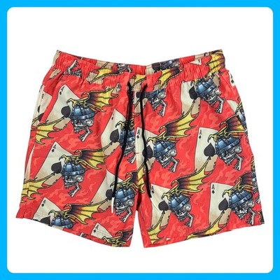 Lost Board Shorts Mens Medium Red Polyester Cotton Skull Ace of Spades Graphic