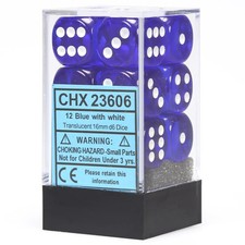 Chessex Blue Translucent 16 mm with White Numbers D6 Dice Block 12 dice 