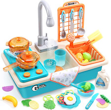 Play Kitchen Sink Toys with Upgraded Real Faucet, Play Cooking Stove, Cookware P