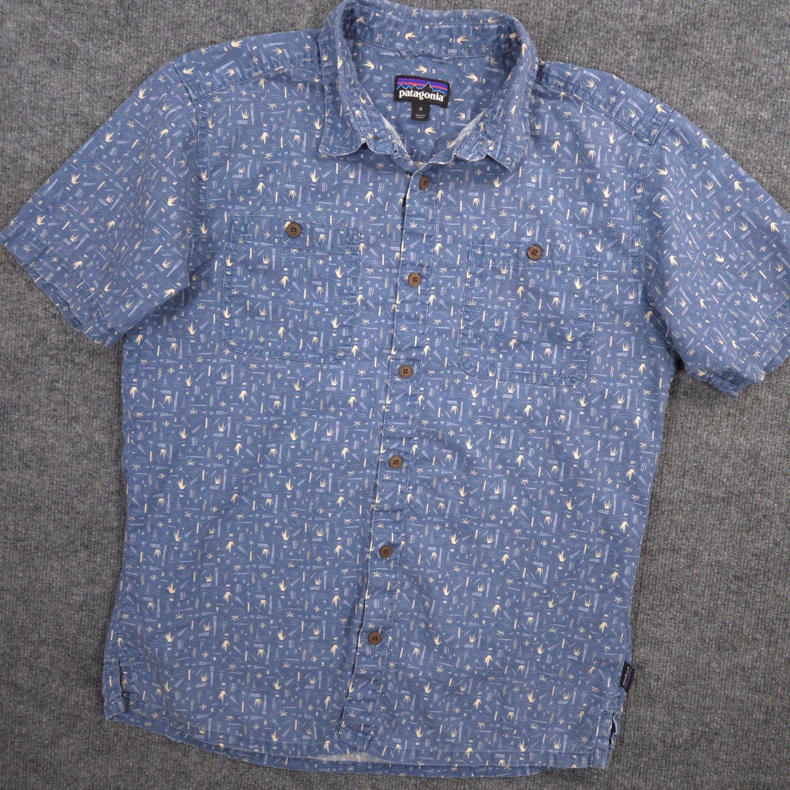 Patagonia Back Step Shirt Mens M Blue Geometric Print Hemp Blend Short Sleeve