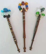 Vintage Lace Bobbins Victorian Turned Wood Glass Spangles Pewter Inlaid x3
