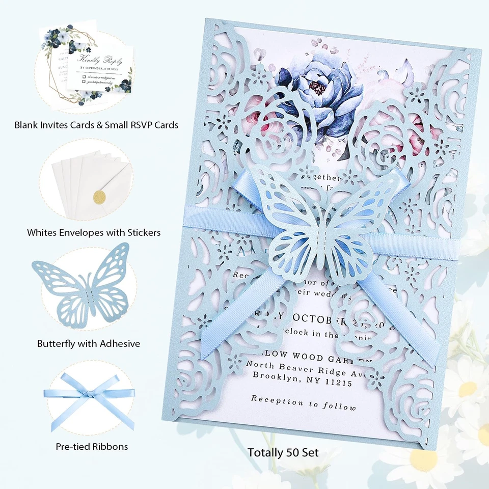 Juego de 50 invitaciones de boda azul claro mariposa corte láser invitaciones bolsillo... Foto 2 de 4