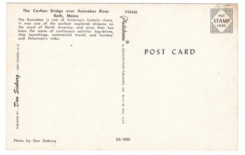 Carlton Lift Bridge Over Kennebec River Bath Sagadahoc County Maine Postcard - Picture 2 of 2