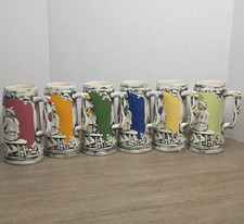 Set of 6 Multicolor Vintage Beer Stein Mugs Embossed Painted