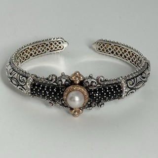 Barbara Bixby Sterling Silver & 18k Gold Pearl Hinged Bangle Bracelet 6.5”