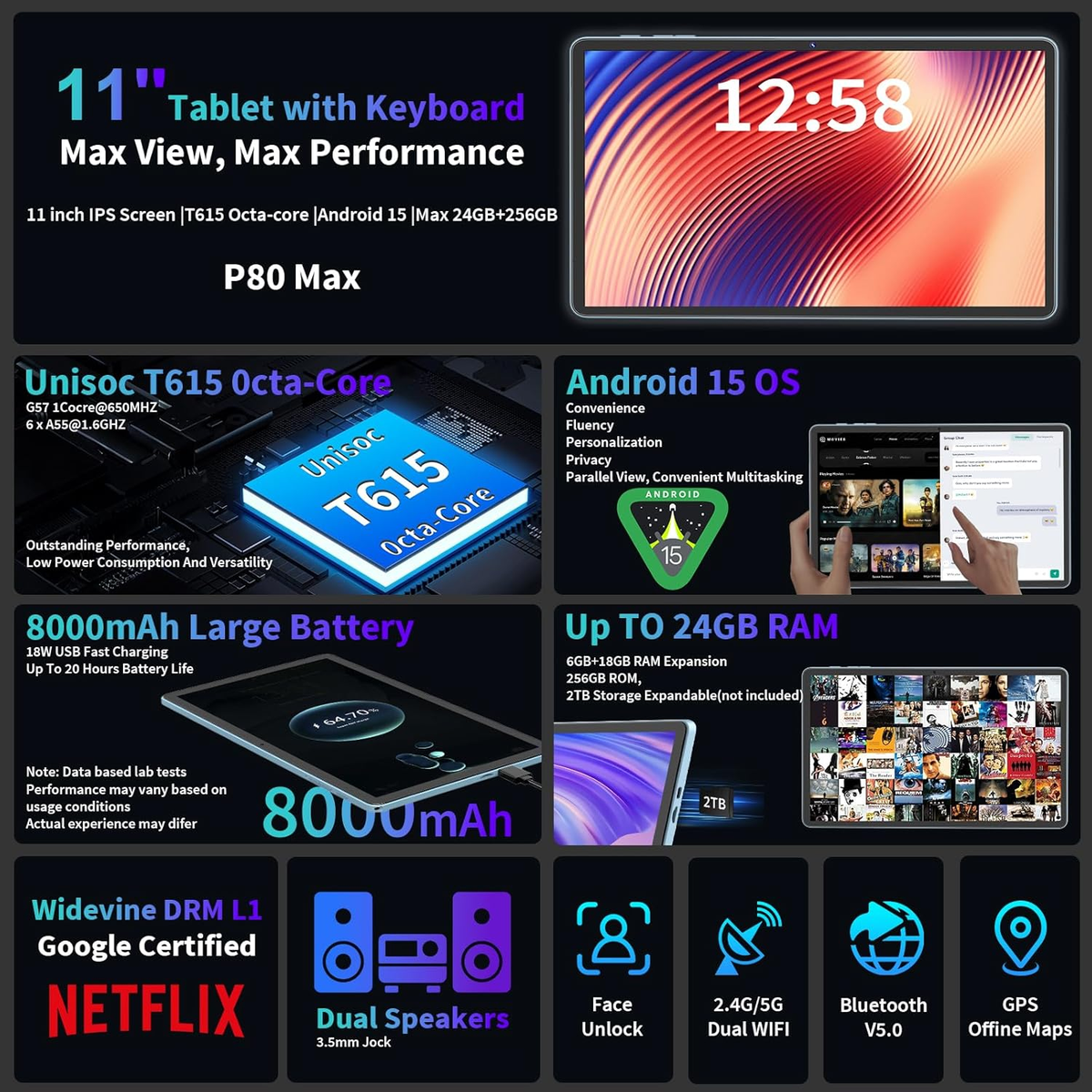 2026 Android 15 Tablet, 11 Inch Tablet with Keyboard, 24GB+256GB+ 