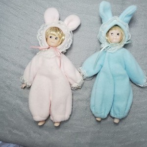 Vintage Porcelain Face Bunny Dolls Pink Blue Lace Trim Made in Taiwan Set of 2