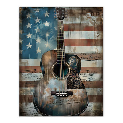 American Flag Acoustic Guitar Artwork Americana Music Wall Art