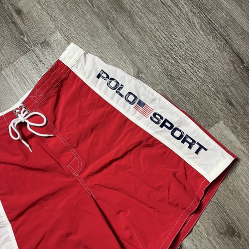 Vintage Ralph Lauren Polo Sport Flag Spellout Swim Shorts Trunks Nylon Large - Picture 2 of 7