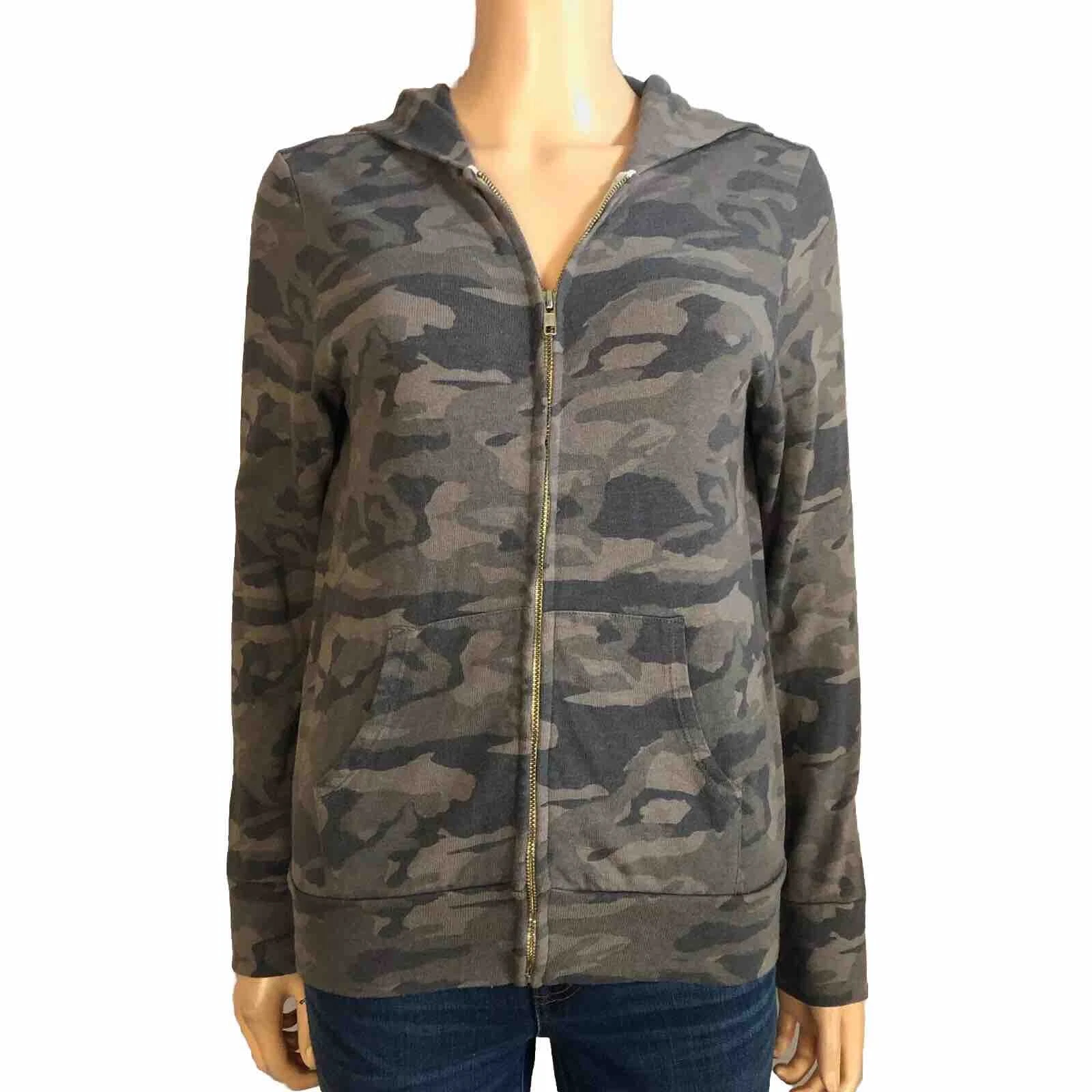 Monrow Womens Camo Print Hoodie Jacket Zip Up Brown Multicolor Casual Size XS