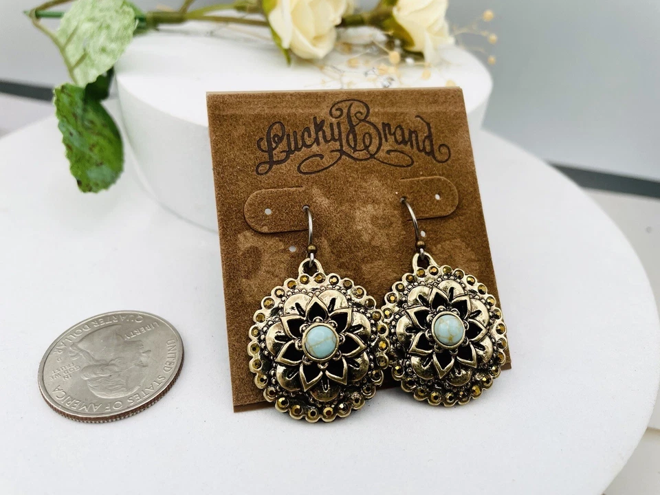 Pendientes colgantes con gancho de flor hueca turquesa/cristal tono dorado Lucky Brand Foto 2 de 4