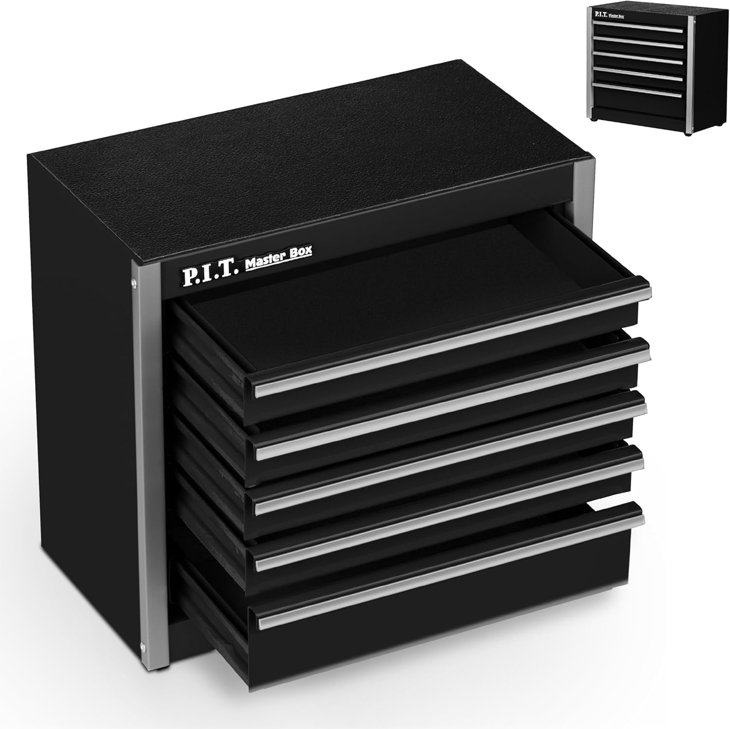 P.I.T. Mini Black Tool Box, Portable 5-Drawer Micro Roll Cab Steel Stackable Too