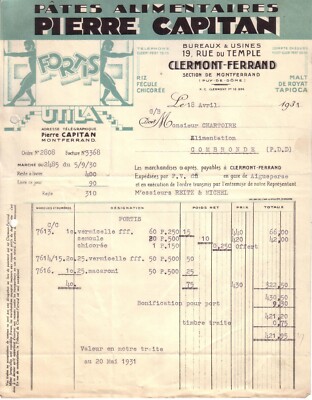 CLERMONT FERRAND - INVOICE + MILKING PIERRE CAPITAN, PASTA - 1931