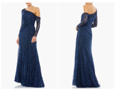MAC DUGGAL 67852 DRAPE JEWEL ENCUSTED LACE DROP SHOULDER NAVY GOWN sz 2