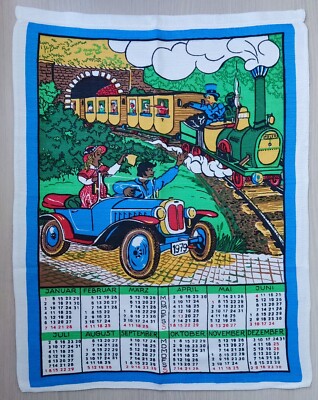 Vintage towel calendar 1979 German train Stoffkalender Handtuch / Geschirrtuch