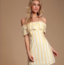 NWT LULU'S Persephone White &Yellow Striped Off Shoulder Ruffle Top Dress S