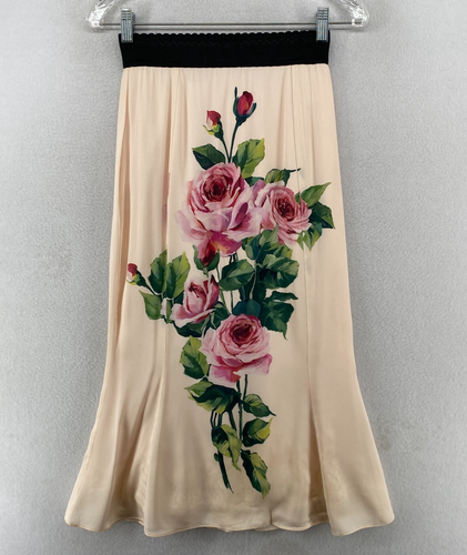 DOLCE & GABANNA Skirt 38 US 2 Floral Print Silk Flare Midi High Waist Pink