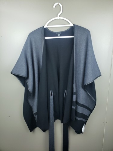 Ann Taylor Factory Womens Open Wrap Cardigan One Size Grey Black Belt 6% Wool - Picture 2 of 10
