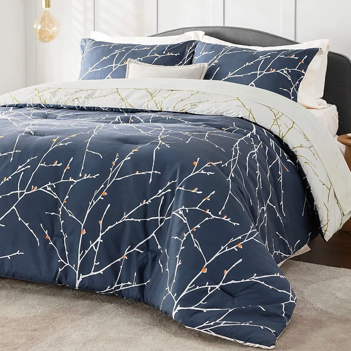 Bedsure Queen Comforter Sets Bed in a Bag Queen 7 Piece Reversible Navy Blue F