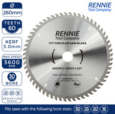 260mm x 30mm x 60T TCT Circular Wood Saw Blade For Bosch, Makita, Dewalt, Mitre