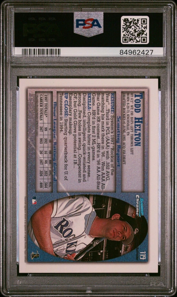 1998 BOWMAN CHROME REFRACTOR ROOKIE #119 TODD HELTON CENTERED PSA 9 MINT SP - Image 2 of 2
