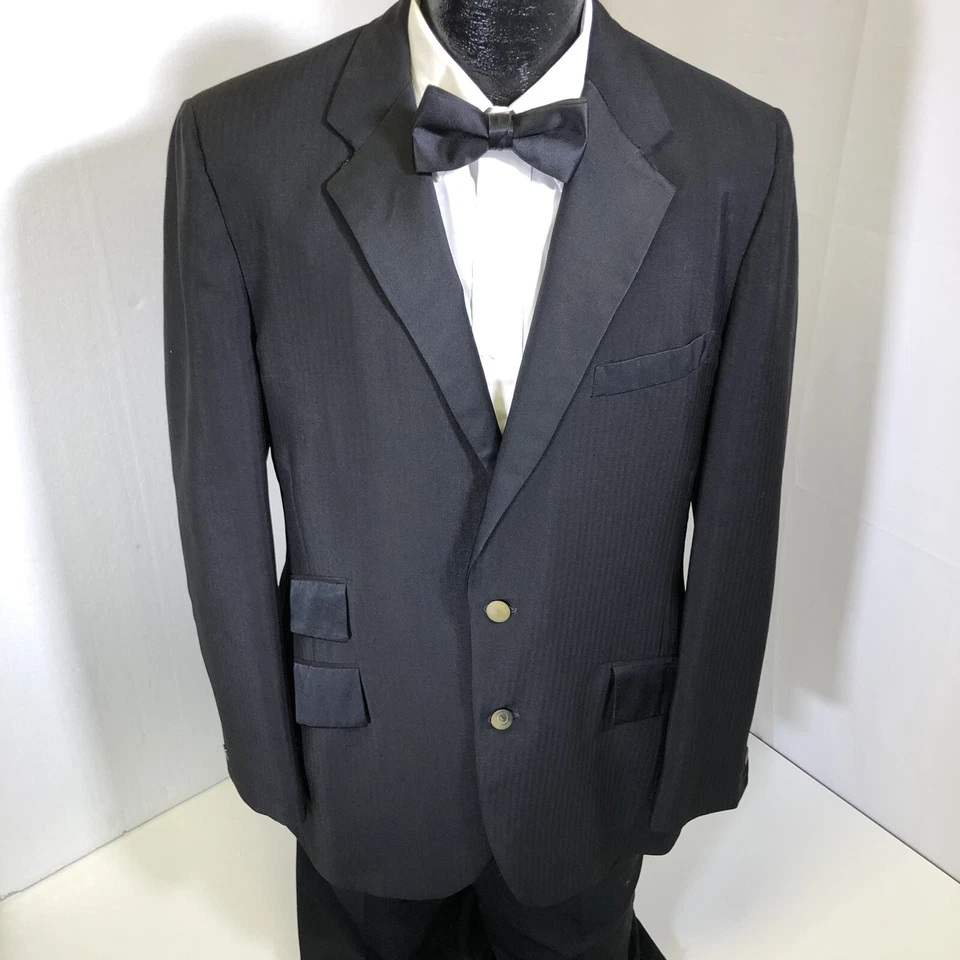 De Colección Años 50 Rockabilly Negro Esmoquin Piel de Tiburón Traje Seda Lana Formal Boda Esmoquin 40 Foto 2 de 4