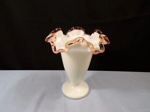 Fenton Milk Glass Pink Rose Crest Fluted Vase 6 1/4" Tall