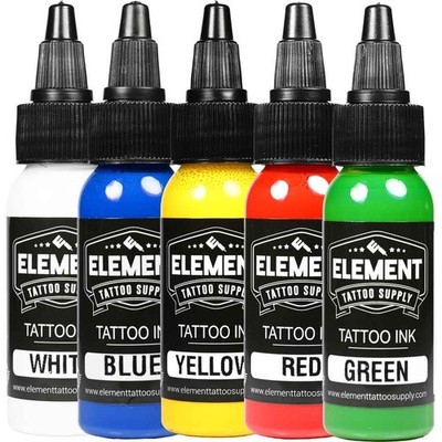 ELEMENT TATTOO SUPPLY - Color Tattoo Ink Set - 5 Colors - White - Yellow 1oz 