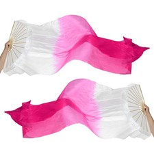 1 Pair 16 Fan Folding Belly Dance Silk Fan Veil 71", White Pink Rose