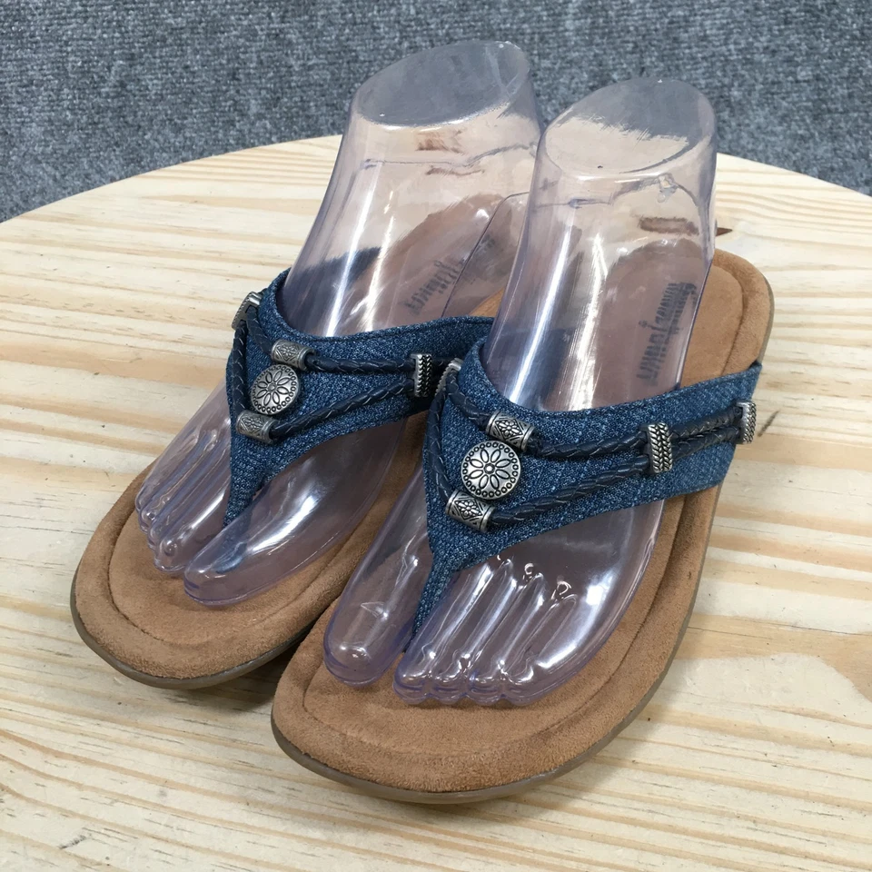 Sandalias Minnetonka para mujer 8 chanclas tela azul punta abierta cuentas sin cordones informales Foto 3 de 4