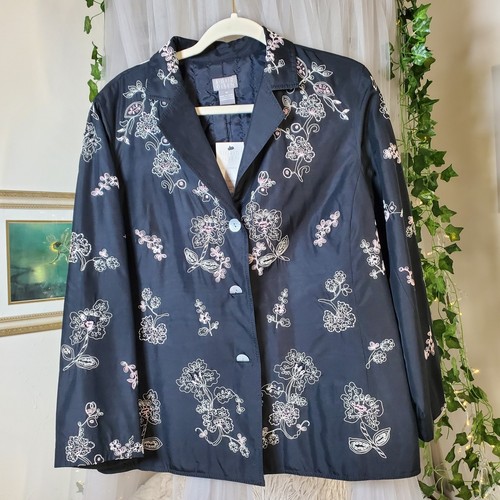 Chaqueta Floral Sigrid Olsen Seda Bordada Negra Old Money Cottage Talla 16 - Imagen 1 de 7