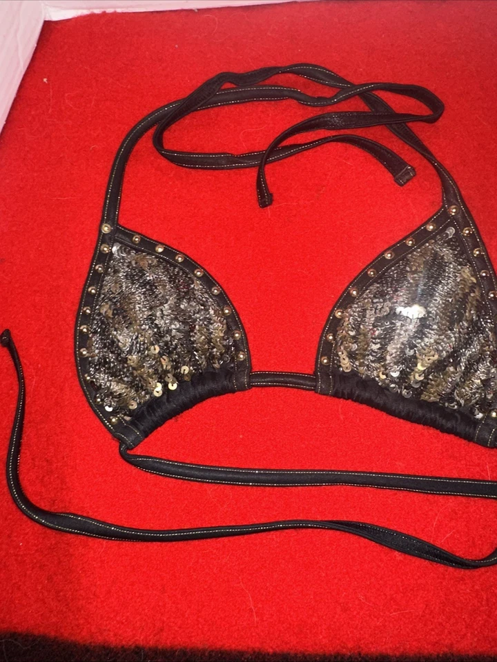 Rare Victoria's Secret Black & Gold Sequin Studded Bikini Swimsuit Top Small - Image 4 of 4